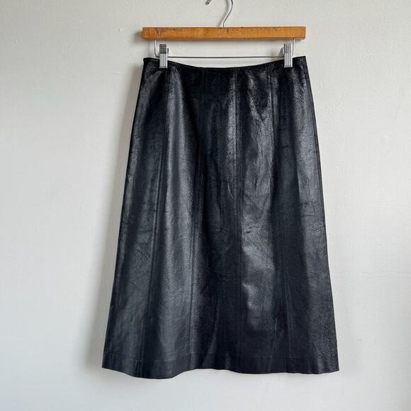 Vintage Black Bonded Leather High Waist A-Line Midi Skirt - Picture 2 of 8